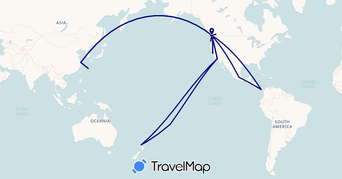 TravelMap itinerary: driving in Canada, Cook Islands, China, Japan, Mexico, New Zealand, Panama, United States (Asia, North America, Oceania)